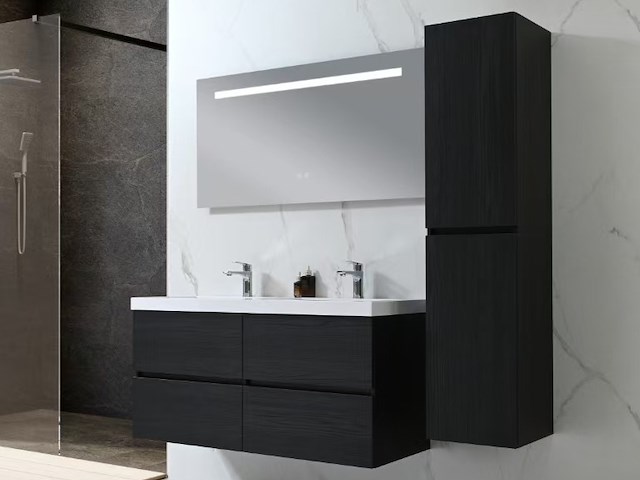 Badkamermeubel 120 cm - donker hout decor + witte dubbele wasbak - incl. kranen - afbeelding 1 van  10