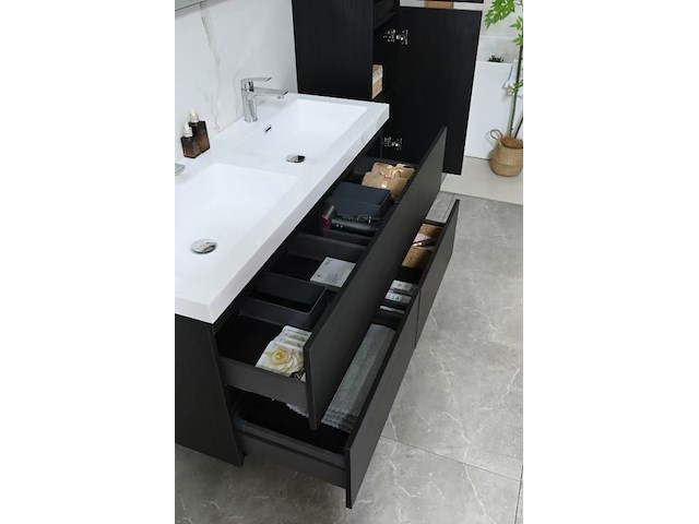 Badkamermeubel 120 cm - donker hout decor + witte dubbele wasbak - incl. kranen - afbeelding 5 van  10