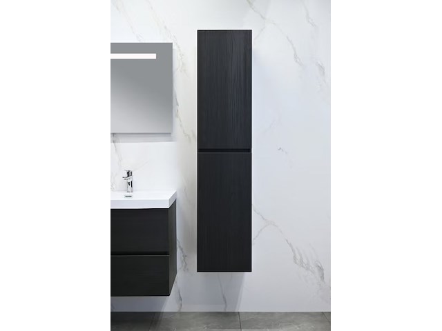 Badkamermeubel 120 cm - donker hout decor + witte dubbele wasbak - incl. kranen - afbeelding 9 van  10