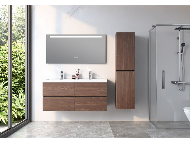 Badkamermeubel 120 cm - donker hout decor + witte dubbele wasbak - incl. kranen - afbeelding 1 van  6
