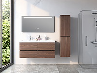 Badkamermeubel 120 cm - donker hout decor + witte dubbele wasbak - incl. kranen