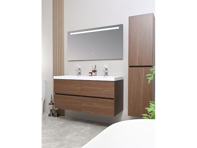 Badkamermeubel 120 cm - donker hout decor + witte dubbele wasbak - incl. kranen - afbeelding 2 van  6
