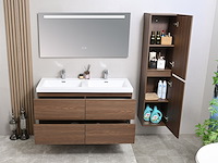 Badkamermeubel 120 cm - donker hout decor + witte dubbele wasbak - incl. kranen - afbeelding 3 van  6
