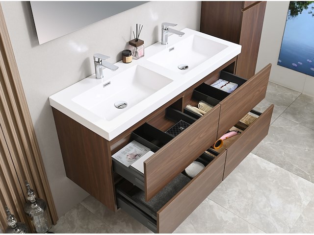 Badkamermeubel 120 cm - donker hout decor + witte dubbele wasbak - incl. kranen - afbeelding 6 van  6