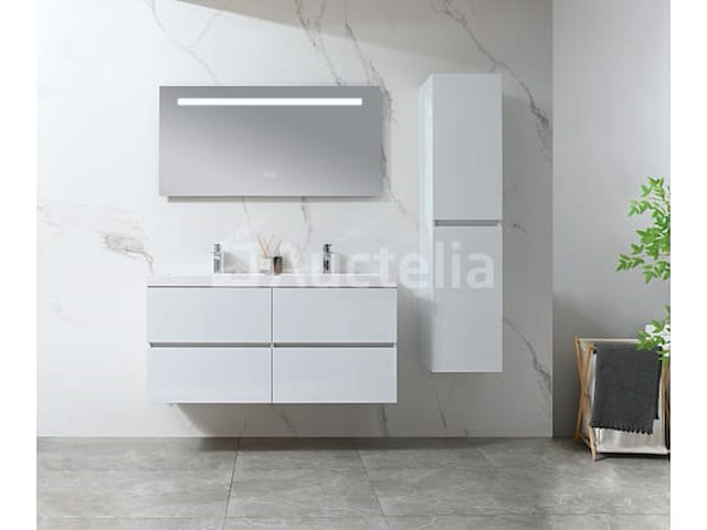 Badkamermeubel 120 cm - hoogglans wit + witte dubbele wasbak - incl. kranen - afbeelding 1 van  9