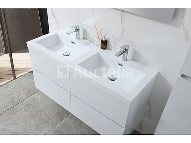 Badkamermeubel 120 cm - hoogglans wit + witte dubbele wasbak - incl. kranen - afbeelding 5 van  9
