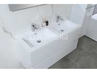 Badkamermeubel 120 cm - hoogglans wit + witte dubbele wasbak - incl. kranen - afbeelding 7 van  9