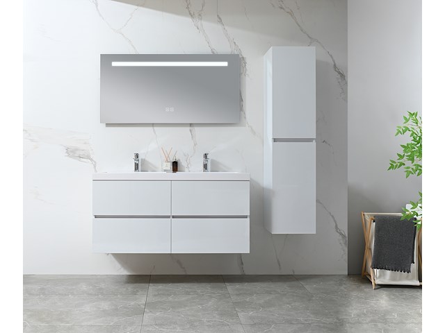 Badkamermeubel 120 cm - hoogglans wit + witte dubbele wasbak - incl. kranen - afbeelding 1 van  9