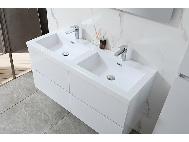 Badkamermeubel 120 cm - hoogglans wit + witte dubbele wasbak - incl. kranen - afbeelding 2 van  9