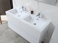 Badkamermeubel 120 cm - hoogglans wit + witte dubbele wasbak - incl. kranen - afbeelding 2 van  9