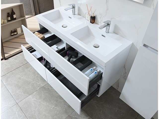 Badkamermeubel 120 cm - hoogglans wit + witte dubbele wasbak - incl. kranen - afbeelding 3 van  9