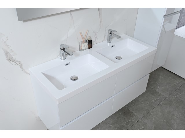 Badkamermeubel 120 cm - hoogglans wit + witte dubbele wasbak - incl. kranen - afbeelding 4 van  9