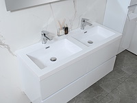 Badkamermeubel 120 cm - hoogglans wit + witte dubbele wasbak - incl. kranen - afbeelding 4 van  9