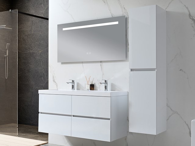 Badkamermeubel 120 cm - hoogglans wit + witte dubbele wasbak - incl. kranen - afbeelding 9 van  9