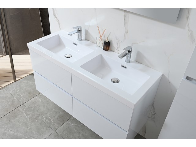 Badkamermeubel 120 cm - hoogglans wit + witte dubbele wasbak - incl. kranen - afbeelding 3 van  9
