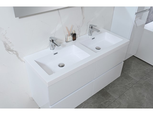 Badkamermeubel 120 cm - hoogglans wit + witte dubbele wasbak - incl. kranen - afbeelding 5 van  9