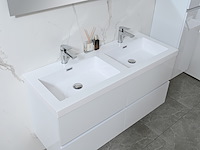 Badkamermeubel 120 cm - hoogglans wit + witte dubbele wasbak - incl. kranen - afbeelding 5 van  9