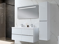 Badkamermeubel 120 cm - hoogglans wit + witte dubbele wasbak - incl. kranen
