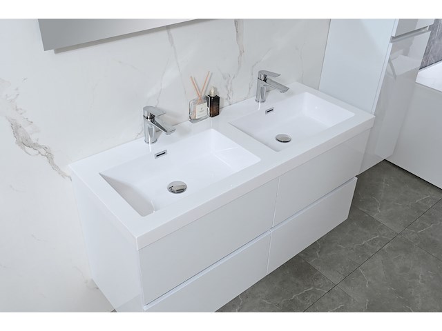 Badkamermeubel 120 cm - hoogglans wit + witte dubbele wasbak - incl. kranen - afbeelding 5 van  9