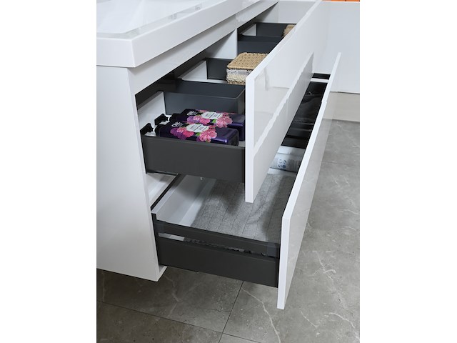 Badkamermeubel 120 cm - hoogglans wit + witte dubbele wasbak - incl. kranen - afbeelding 8 van  9