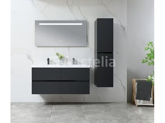 Badkamermeubel 120 cm - hoogglans zwart + witte dubbele wasbak - incl. kranen - afbeelding 4 van  9