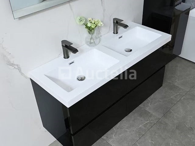 Badkamermeubel 120 cm - hoogglans zwart + witte dubbele wasbak - incl. kranen - afbeelding 2 van  9