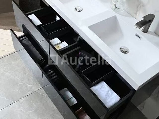 Badkamermeubel 120 cm - hoogglans zwart + witte dubbele wasbak - incl. kranen - afbeelding 3 van  9