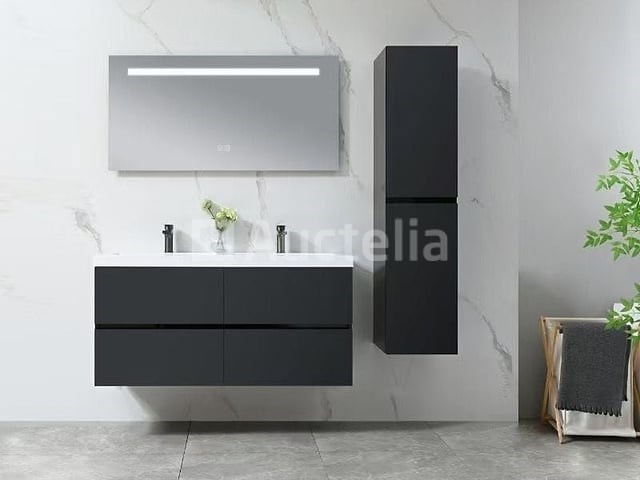 Badkamermeubel 120 cm - hoogglans zwart + witte dubbele wasbak - incl. kranen - afbeelding 6 van  9