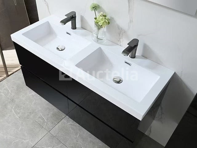 Badkamermeubel 120 cm - hoogglans zwart + witte dubbele wasbak - incl. kranen - afbeelding 8 van  9