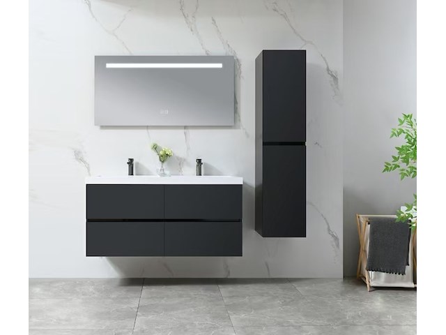 Badkamermeubel 120 cm - hoogglans zwart + witte dubbele wasbak - incl. kranen - afbeelding 1 van  9