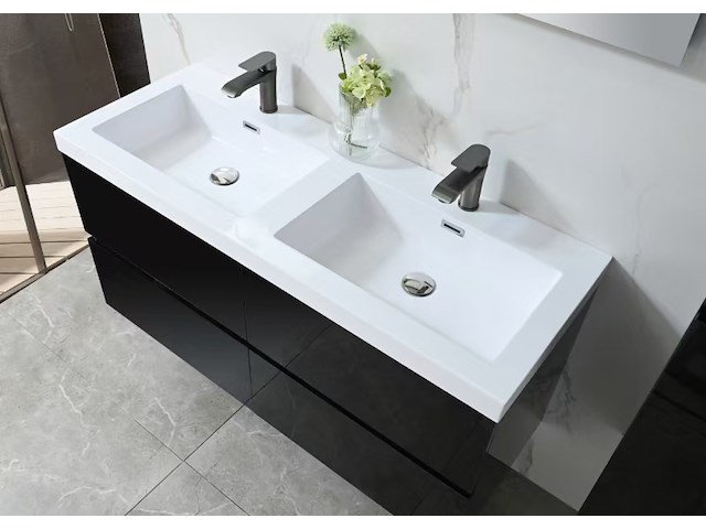Badkamermeubel 120 cm - hoogglans zwart + witte dubbele wasbak - incl. kranen - afbeelding 3 van  9
