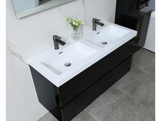 Badkamermeubel 120 cm - hoogglans zwart + witte dubbele wasbak - incl. kranen - afbeelding 4 van  9