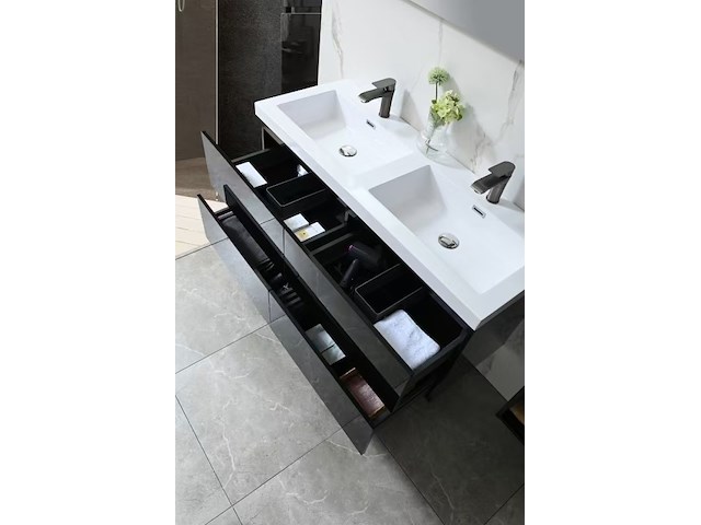 Badkamermeubel 120 cm - hoogglans zwart + witte dubbele wasbak - incl. kranen - afbeelding 5 van  9