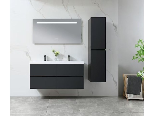 Badkamermeubel 120 cm - hoogglans zwart + witte dubbele wasbak - incl. kranen - afbeelding 2 van  8