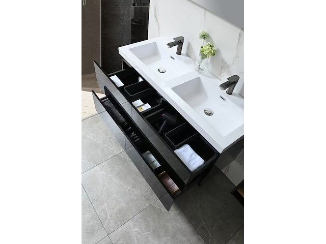 Badkamermeubel 120 cm - hoogglans zwart + witte dubbele wasbak - incl. kranen - afbeelding 4 van  8