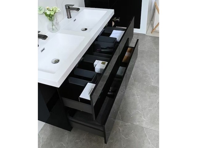 Badkamermeubel 120 cm - hoogglans zwart + witte dubbele wasbak - incl. kranen - afbeelding 5 van  8