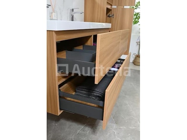 Badkamermeubel 120 cm - licht hout decor + witte dubbele wasbak - incl. kranen - afbeelding 7 van  9