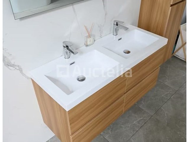 Badkamermeubel 120 cm - licht hout decor + witte dubbele wasbak - incl. kranen - afbeelding 8 van  9