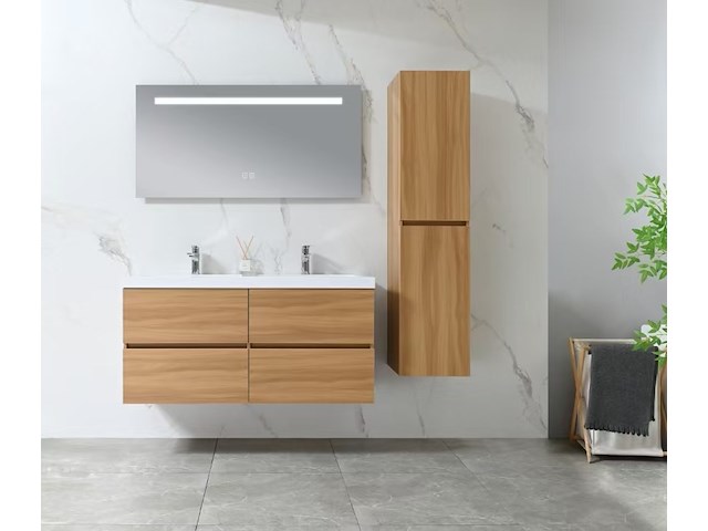 Badkamermeubel 120 cm - licht hout decor + witte dubbele wasbak - incl. kranen - afbeelding 2 van  9