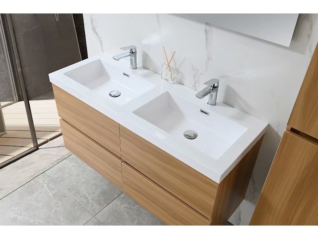 Badkamermeubel 120 cm - licht hout decor + witte dubbele wasbak - incl. kranen - afbeelding 3 van  9