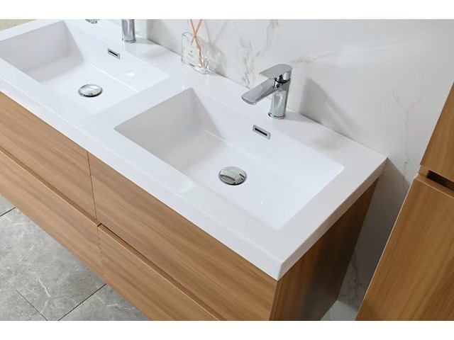 Badkamermeubel 120 cm - licht hout decor + witte dubbele wasbak - incl. kranen - afbeelding 4 van  9