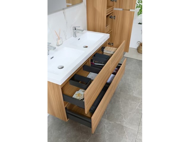 Badkamermeubel 120 cm - licht hout decor + witte dubbele wasbak - incl. kranen - afbeelding 5 van  9