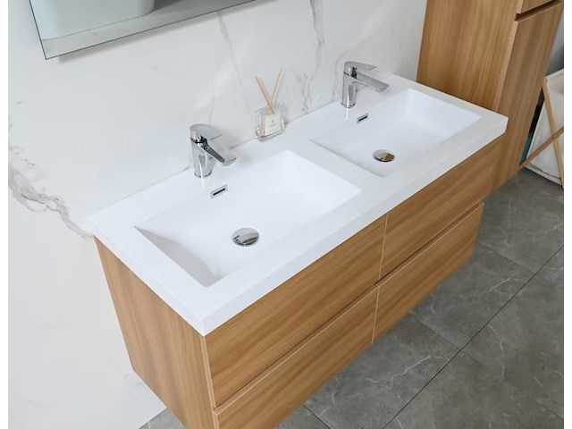 Badkamermeubel 120 cm - licht hout decor + witte dubbele wasbak - incl. kranen - afbeelding 6 van  9