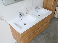 Badkamermeubel 120 cm - licht hout decor + witte dubbele wasbak - incl. kranen - afbeelding 6 van  9