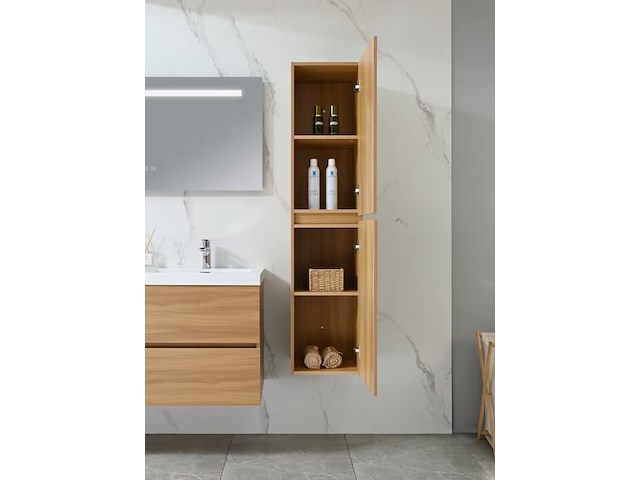 Badkamermeubel 120 cm - licht hout decor + witte dubbele wasbak - incl. kranen - afbeelding 7 van  9