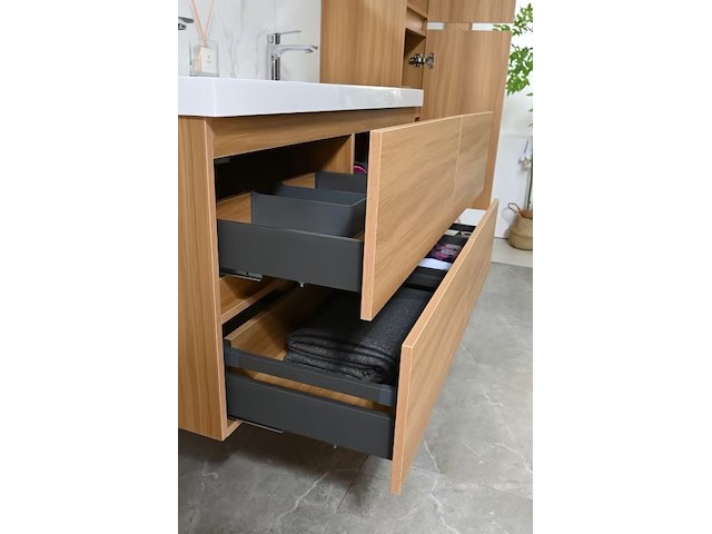 Badkamermeubel 120 cm - licht hout decor + witte dubbele wasbak - incl. kranen - afbeelding 8 van  9