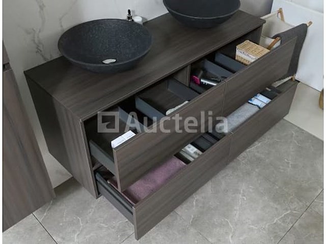 Badkamermeubel 130 cm - donker hout decor + zwarte waskommen - incl. muurkranen - afbeelding 3 van  12