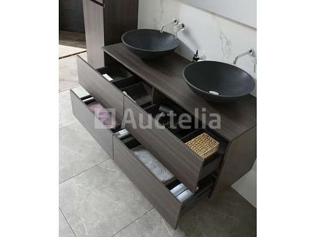 Badkamermeubel 130 cm - donker hout decor + zwarte waskommen - incl. muurkranen - afbeelding 1 van  12