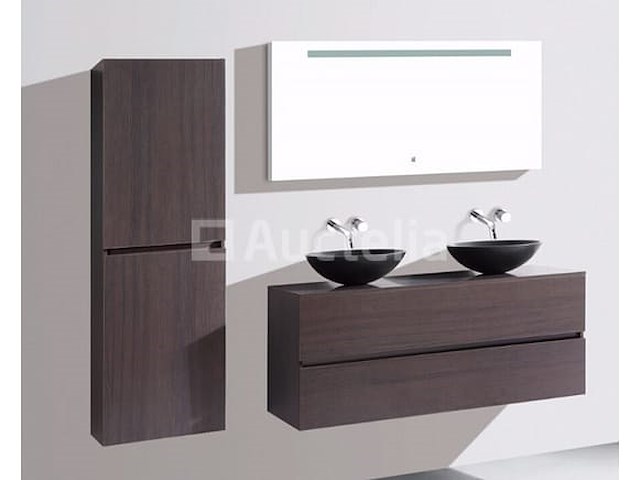 Badkamermeubel 130 cm - donker hout decor + zwarte waskommen - incl. muurkranen - afbeelding 5 van  12