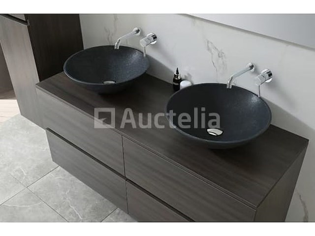 Badkamermeubel 130 cm - donker hout decor + zwarte waskommen - incl. muurkranen - afbeelding 7 van  12